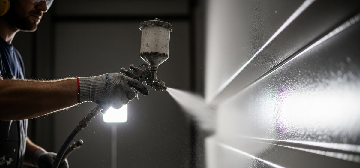 Close-up of a worker spraying a protective waterproof coating onto a metal surface using a spray gun in an industrial setting