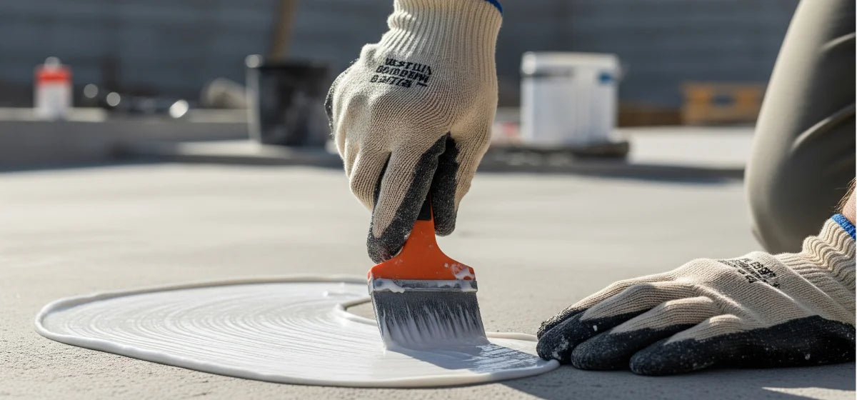 Close-up of a contractor in gloves applying a white waterproofing primer to a concrete surface with a brush, showing the liquid spreading evenly.