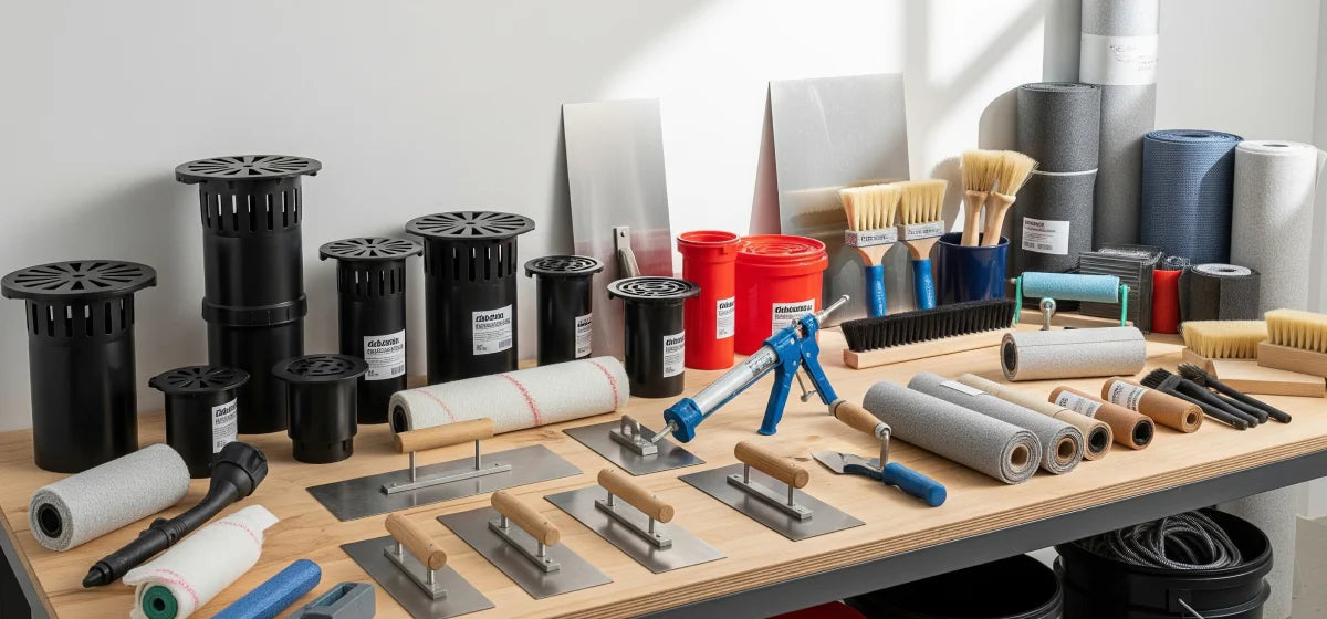 Waterproofing tools, drains, and installation accessories neatly arranged on a clean workbench in a professional workspace