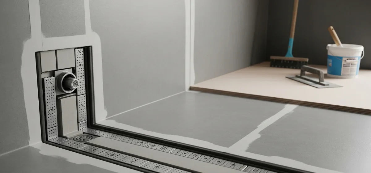 Waterproofing system for tile and shower installations including membranes, drains, and backer boards