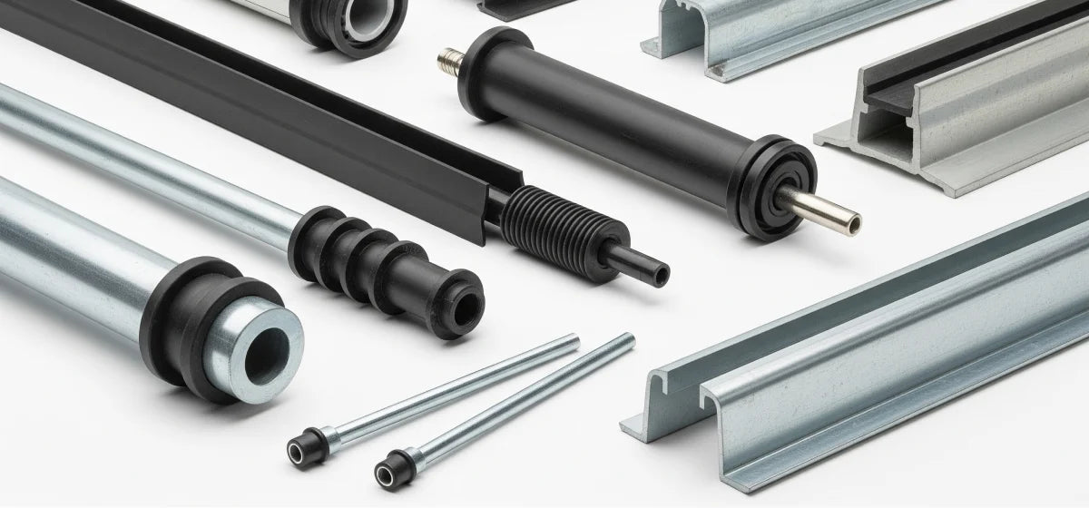 Close-up of various waterstops and metal termination bars used in waterproofing and concrete joint sealing applications.
