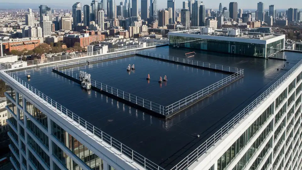 a modern building with completed flat roof waterproofing membrane, black seamless coating, safety rails, and urban skyline in daylight.